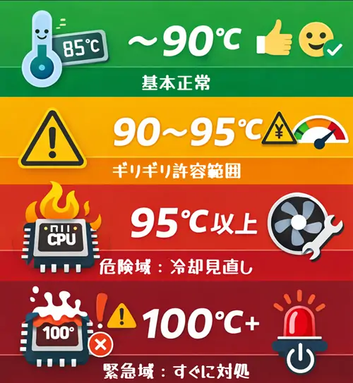 CPU温度の安全範囲と危険範囲を示したグラフ